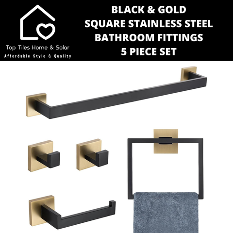 Black & Gold Square Stainless Steel Bathroom Fittings - 5 Piece Set