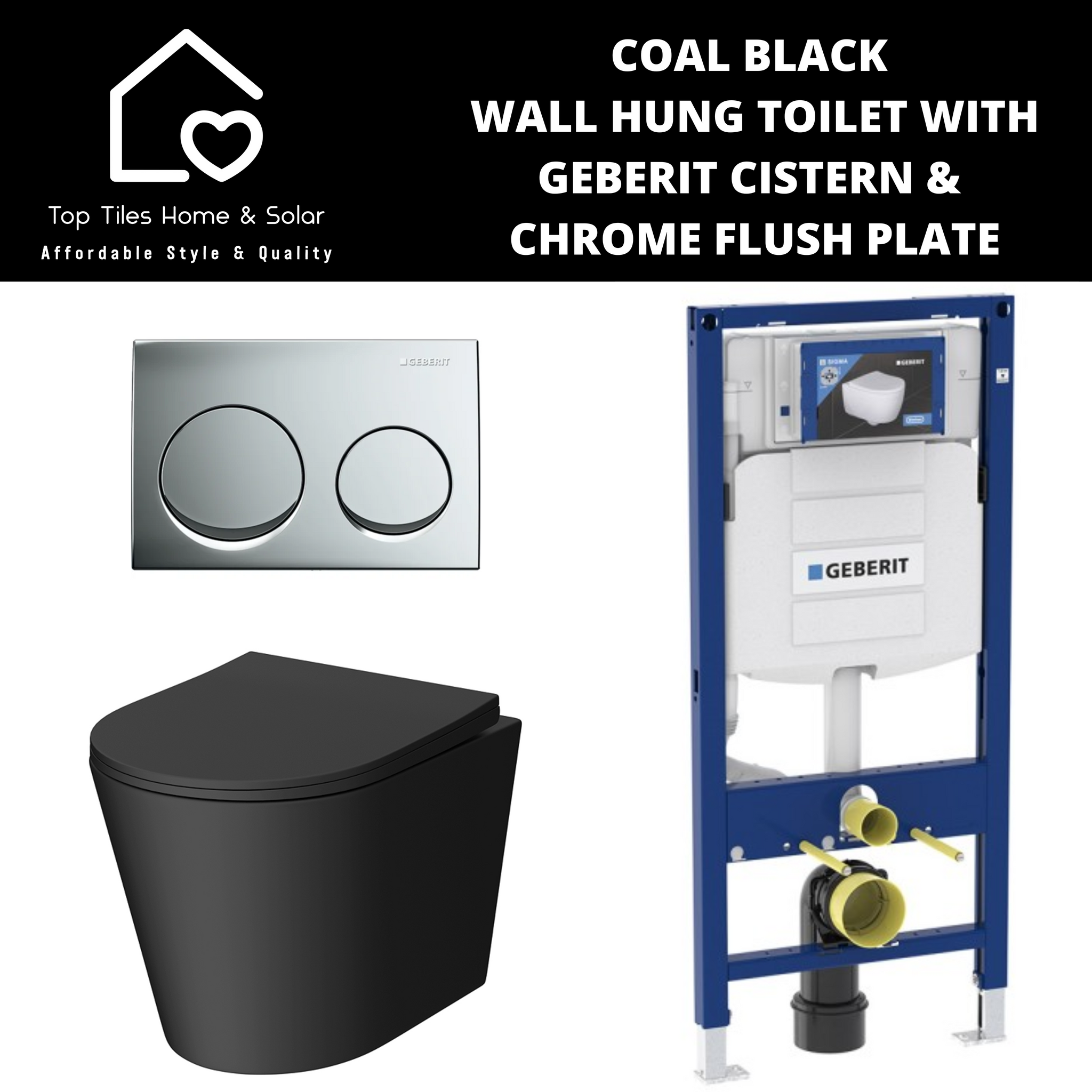 Coal Black Wall Hung Toilet with Geberit Cistern & Chrome Flush Plate