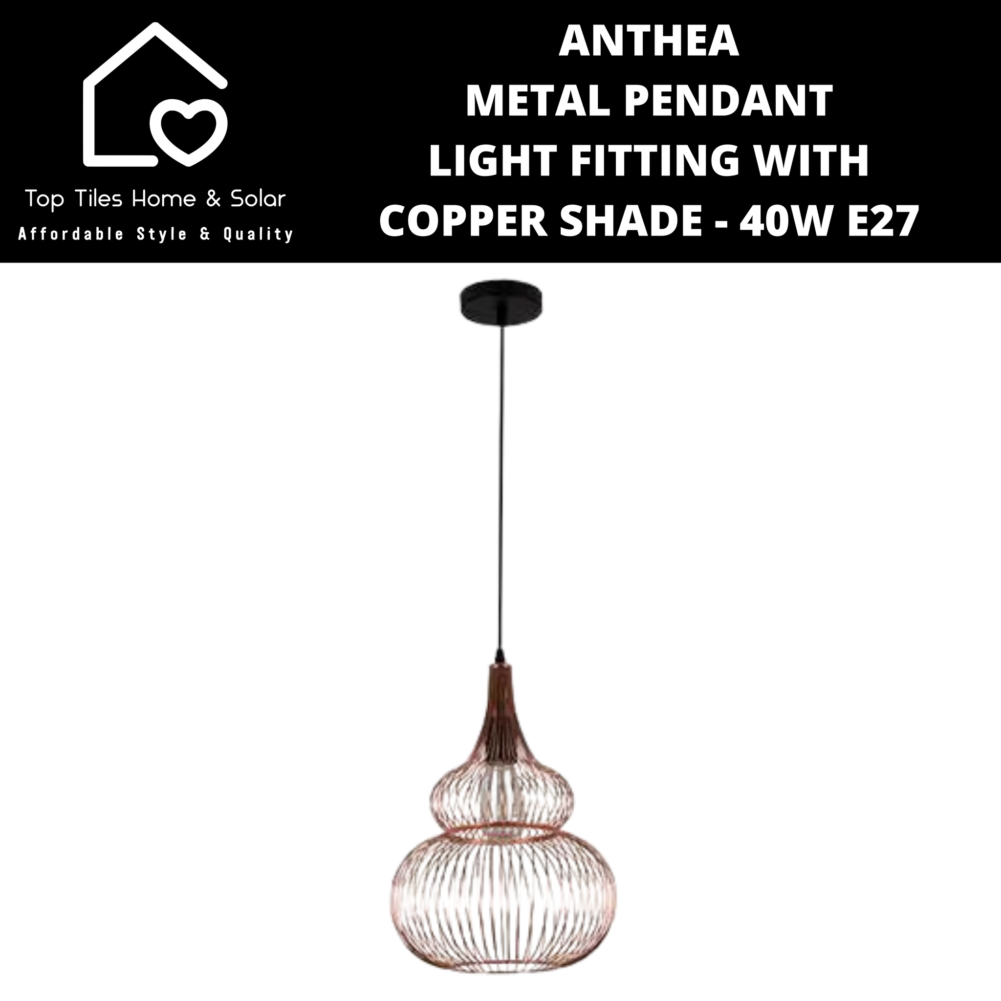 Anthea Metal Pendant Light Fitting with Copper Shade - 40W E27