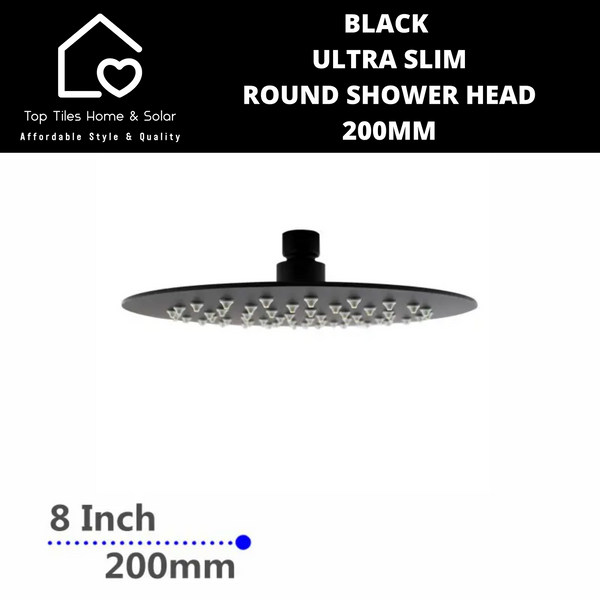 Black Ultra Slim Round Shower Head - 200mm