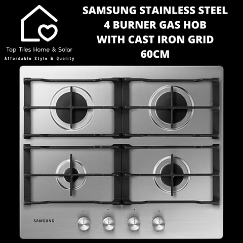 Samsung Stainless Steel 4 Burner Gas Hob with Cast Iron Grid - 60cm