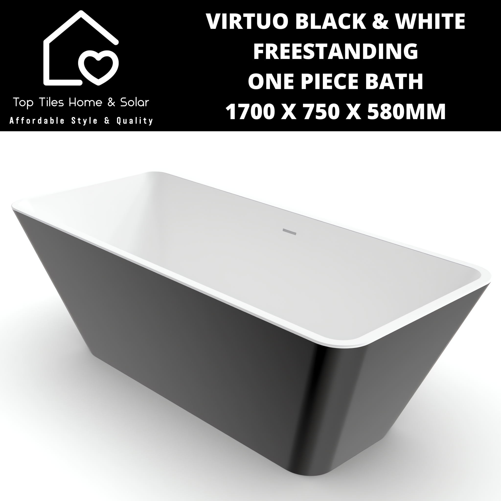 Virtuo Black & White Square Freestanding One Piece Bath - 1700 x 750 x 580mm