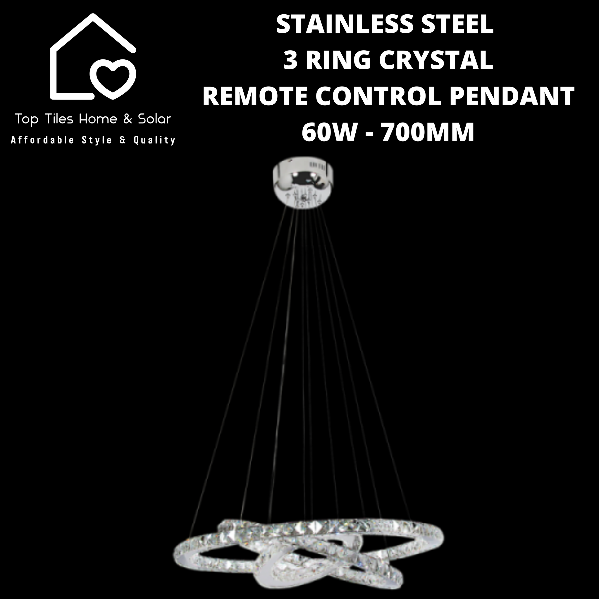 Stainless Steel 3 Ring Crystal Remote Control Pendant  - 60W - 700mm