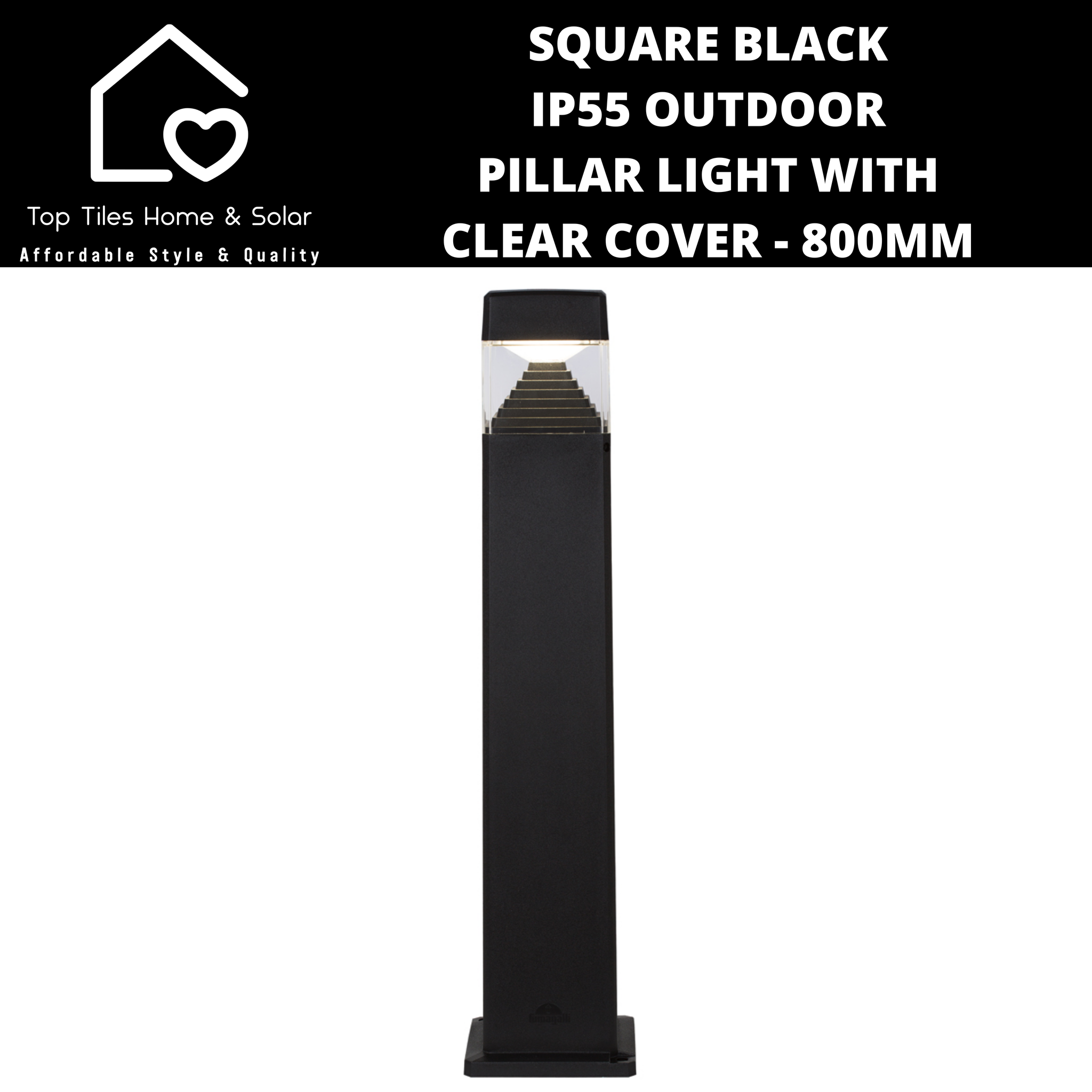 Square Black IP55 Outdoor Pillar Light with Clear Cover - 800mm