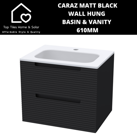 Caraz Matt Black Wall Hung Basin & 2 Drawer Vanity - 610mm