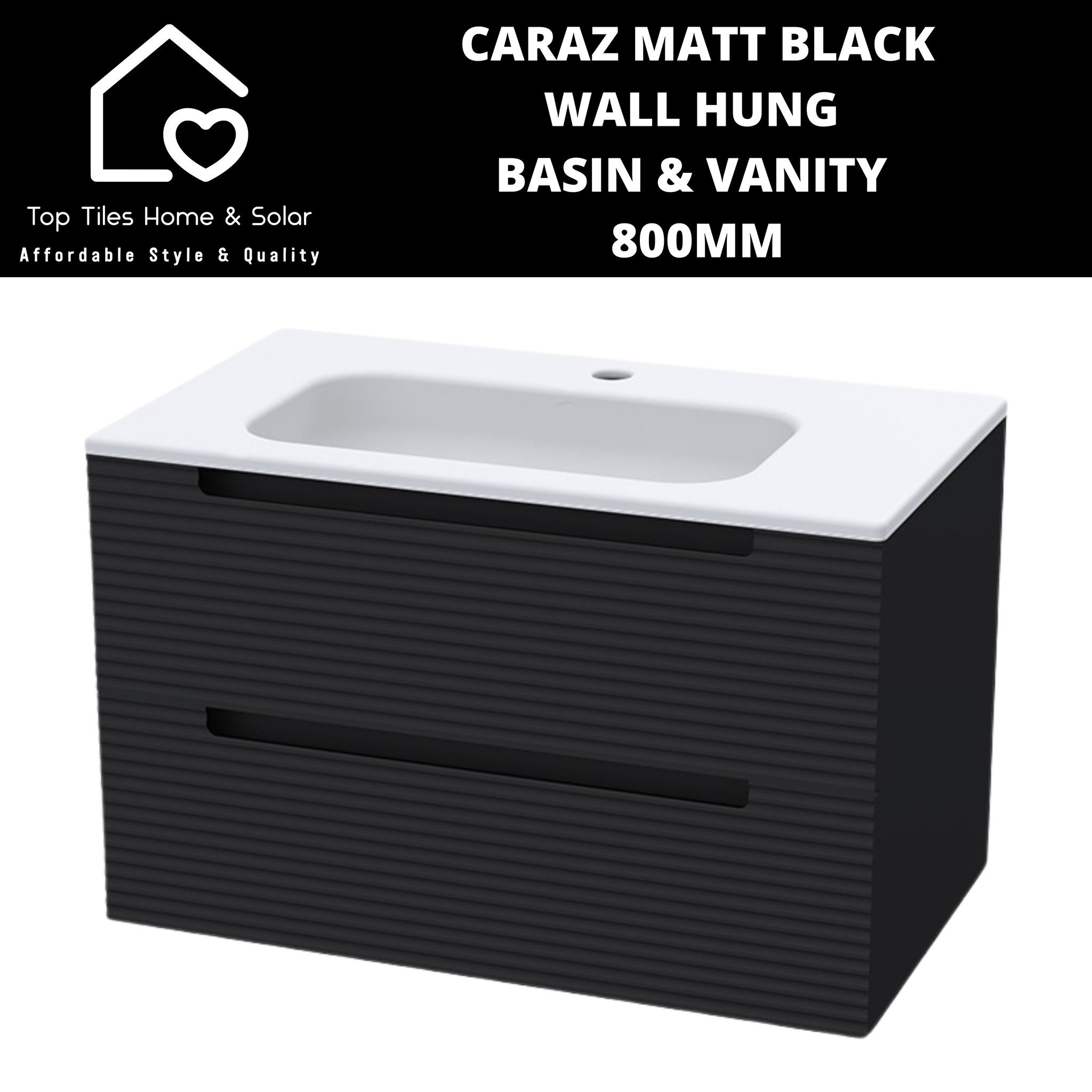 Caraz Matt Black Wall Hung Basin & 2 Drawer Vanity - 800mm