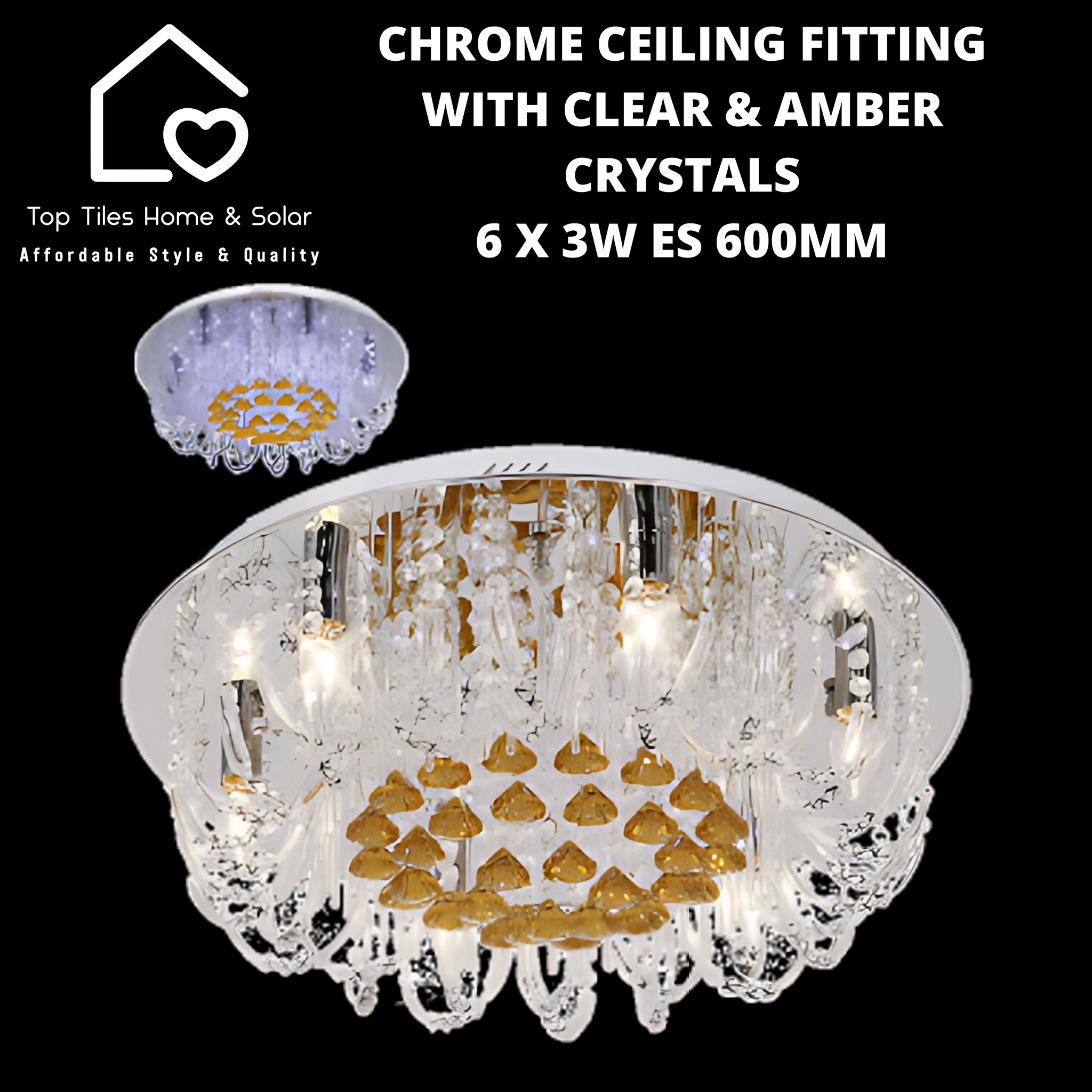 Chrome Ceiling Fitting with Clear & Amber Crystals - 6 x 3W ES 600mm
