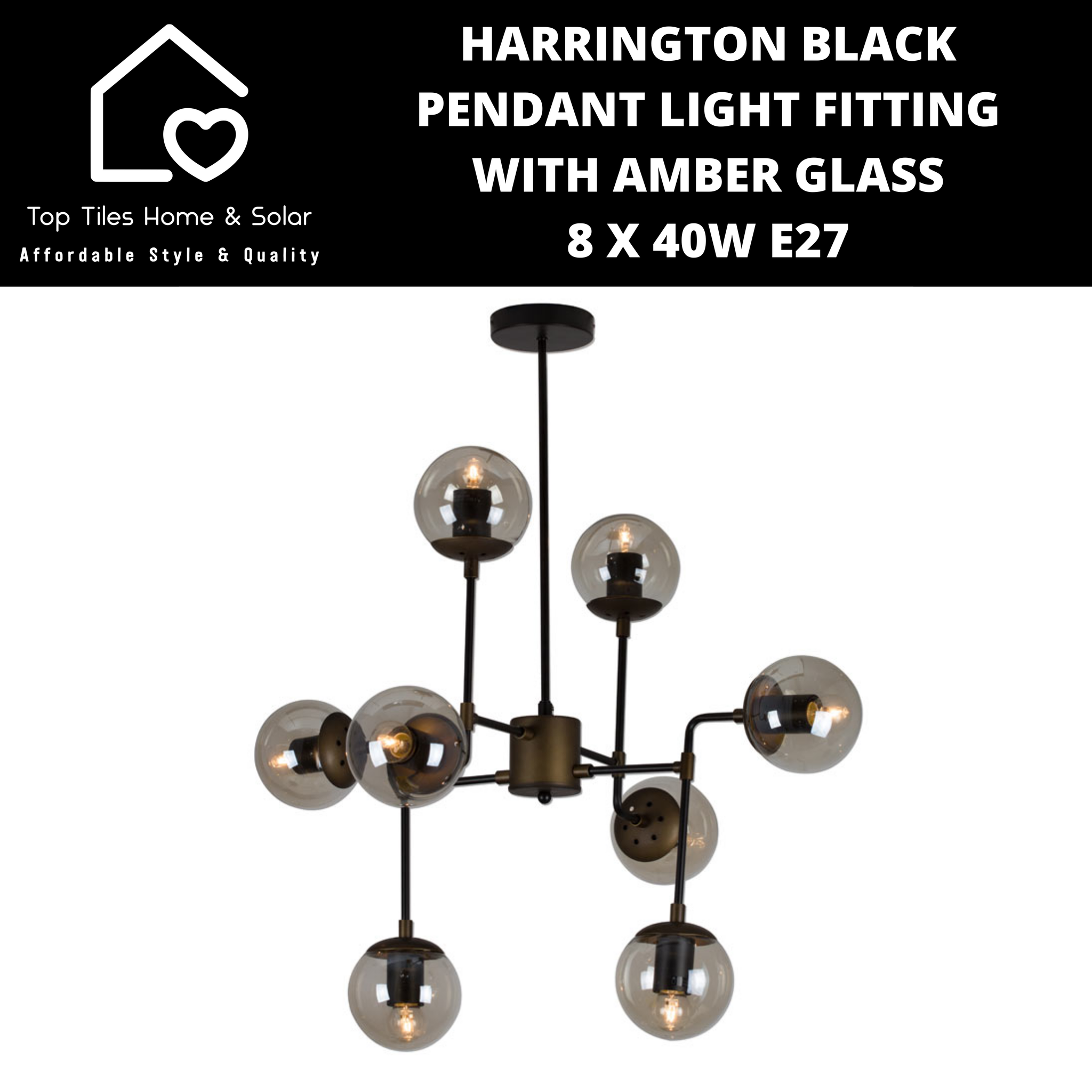 Harrington Black Pendant Light Fitting with Amber Glass - 8 x 40W E27