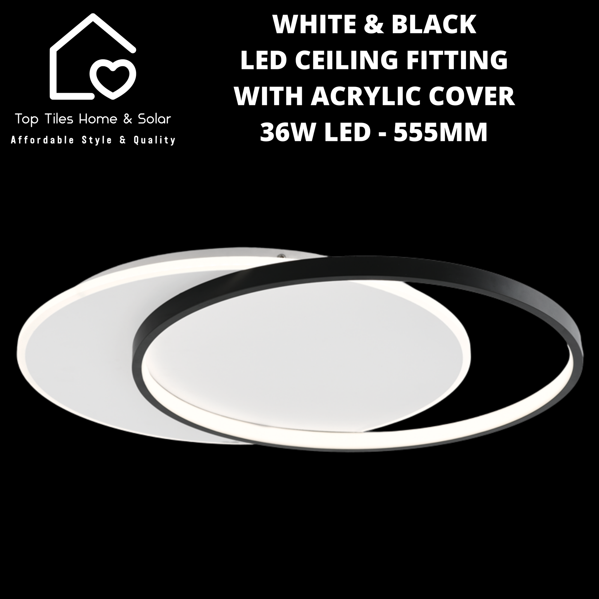 White & Black LED Ceiling Fitting with Acrylic Cover - 36W LED - 555mm