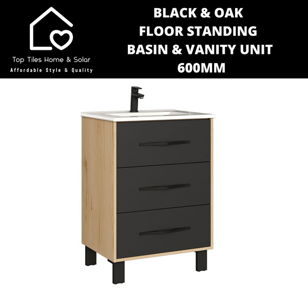 Black & Oak Floor Standing Vanity & White Basin -  600mm