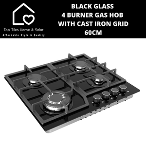 Black Glass 4 Burner Gas Hob with Cast Iron Grid - 60cm