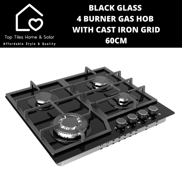 Black Glass 4 Burner Gas Hob with Cast Iron Grid - 60cm