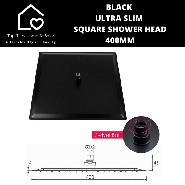 Black Ultra Slim Square Shower Head - 400mm