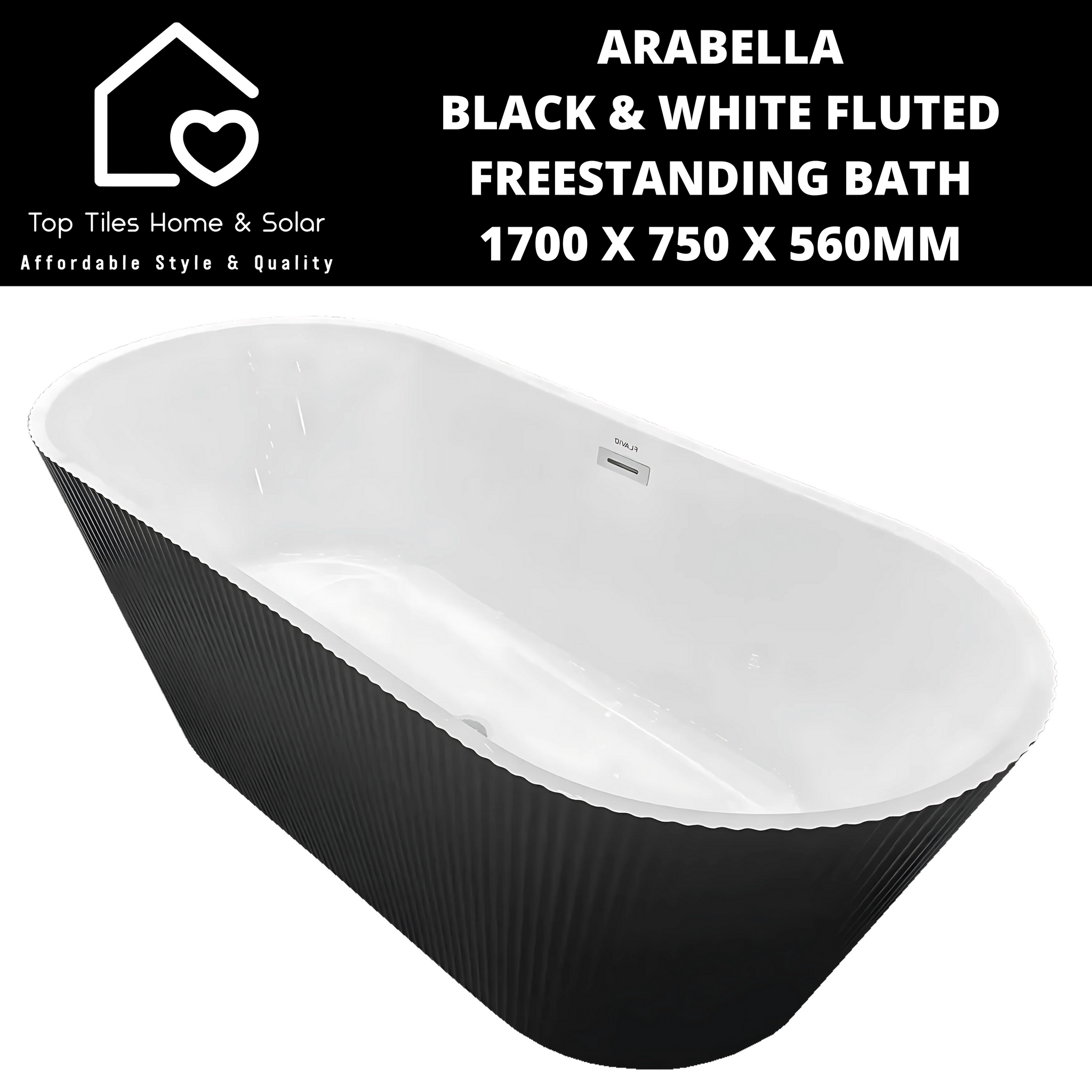 Arabella Black & White Fluted Freestanding Bath - 1700 x 750 x 560mm