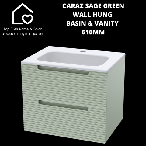 Caraz Sage Green Wall Hung Basin & 2 Drawer Vanity - 610mm
