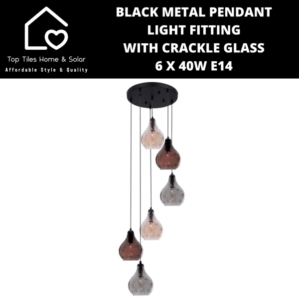 Black Metal Pendant Light Fitting with Crackle Glass - 6 x 40W E14