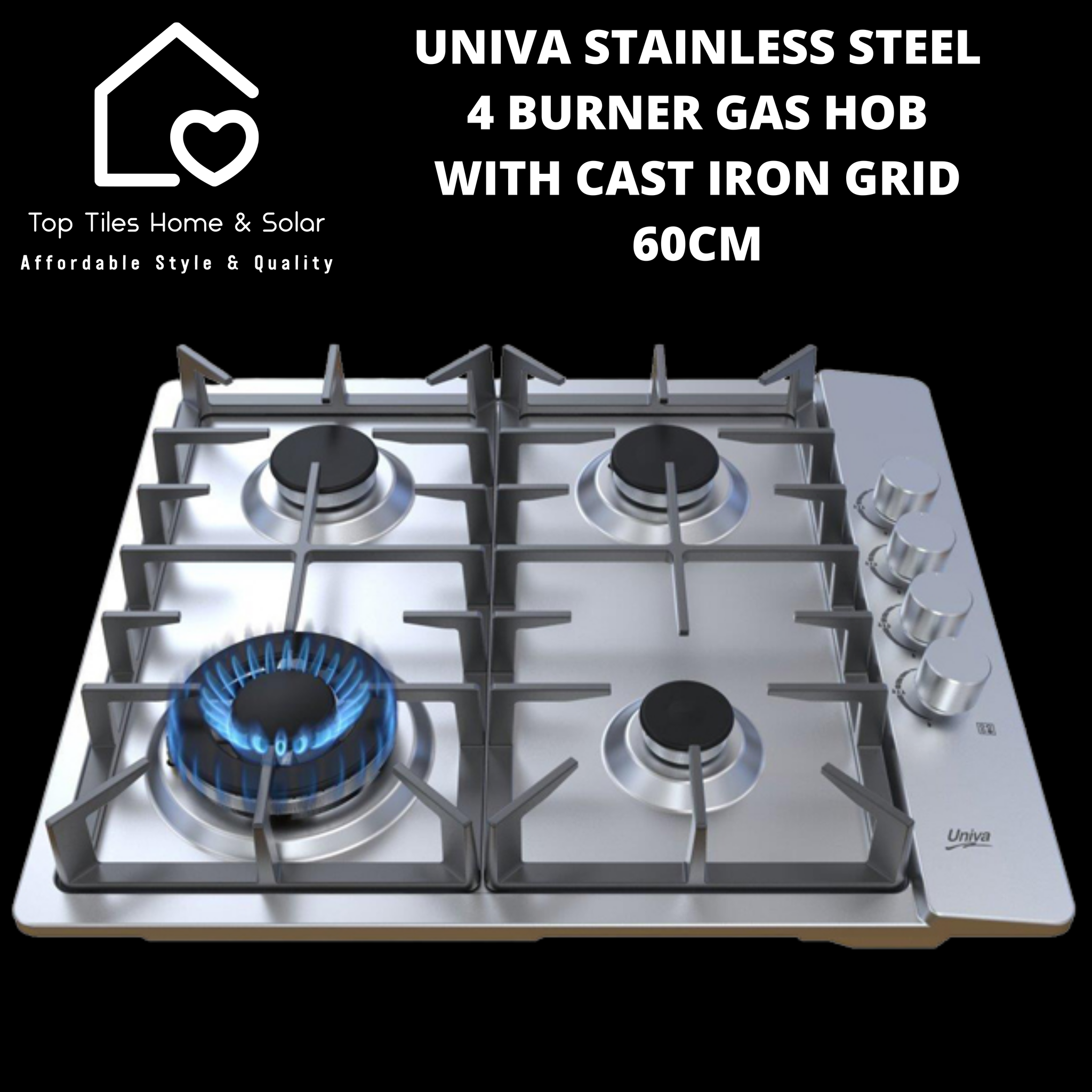 Univa Stainless Steel 4 Burner Gas Hob with Cast Iron Grid - 60cm