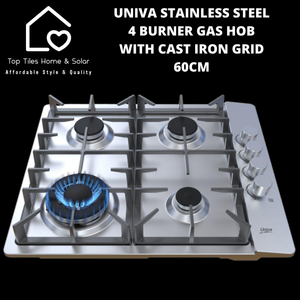 Univa Stainless Steel 4 Burner Gas Hob with Cast Iron Grid - 60cm