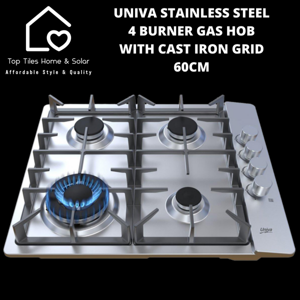 Univa Stainless Steel 4 Burner Gas Hob with Cast Iron Grid - 60cm