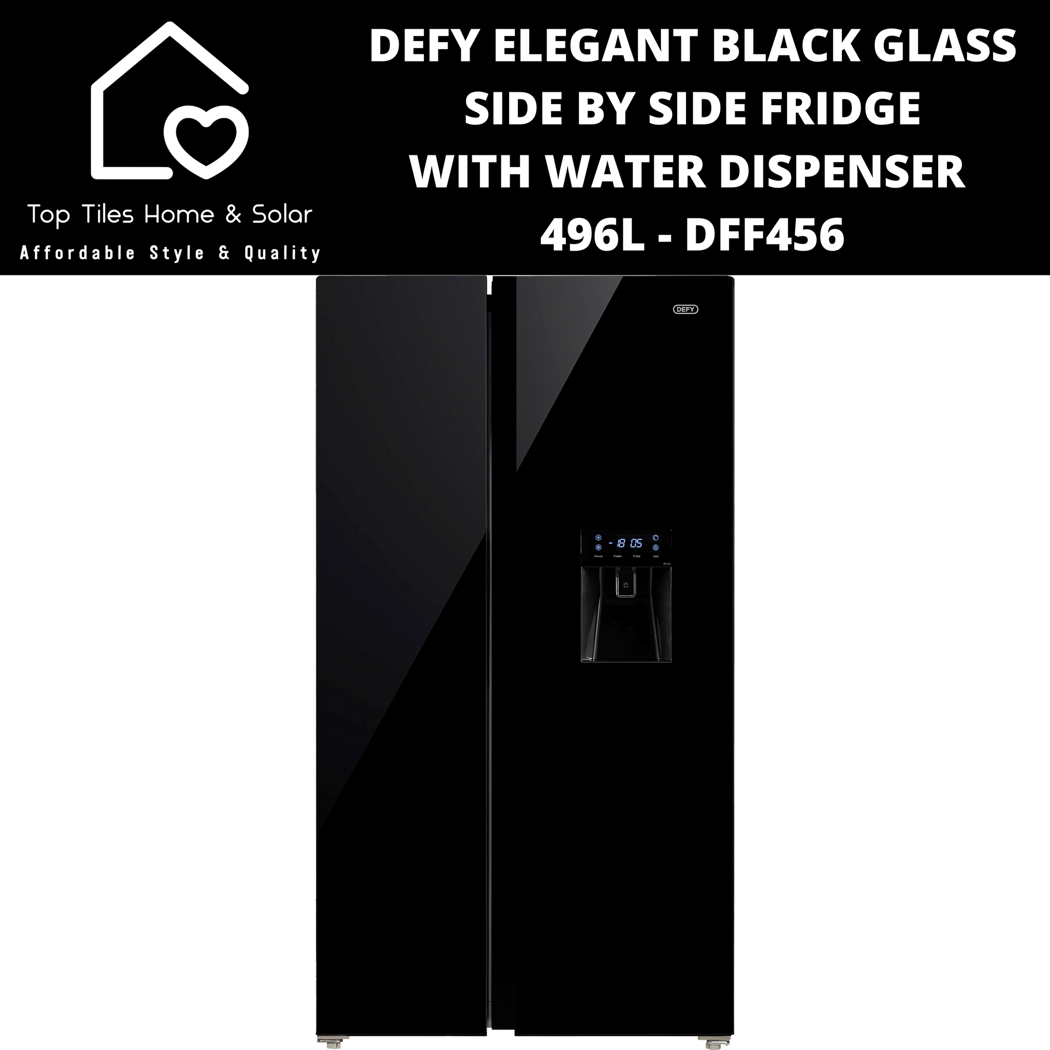 Defy Elegant Black Glass Side by Side Fridge - 496L Water Dispenser DFF456