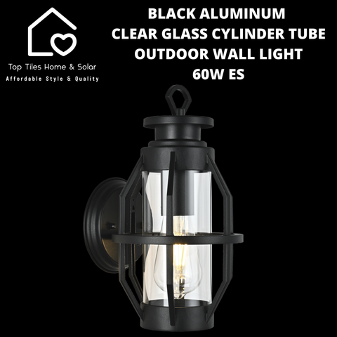 Black Aluminum & Clear Glass Cylinder Tube Outdoor Wall Light - 60W ES