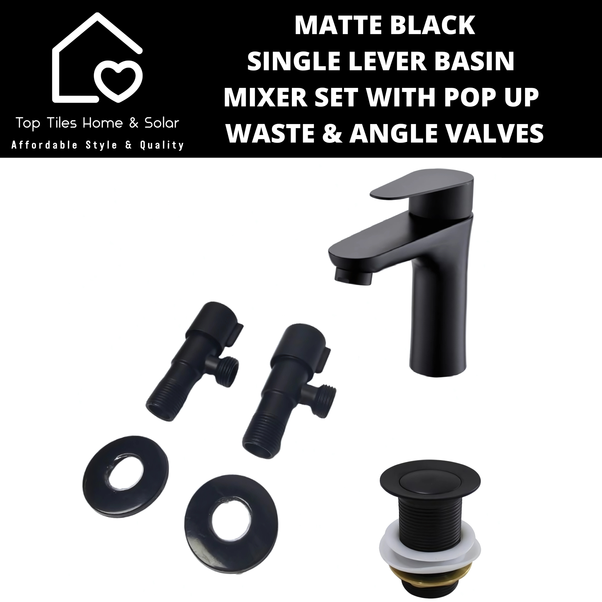 Matte Black Single Lever Basin Mixer Set with Pop Up Waste & Angle Valves