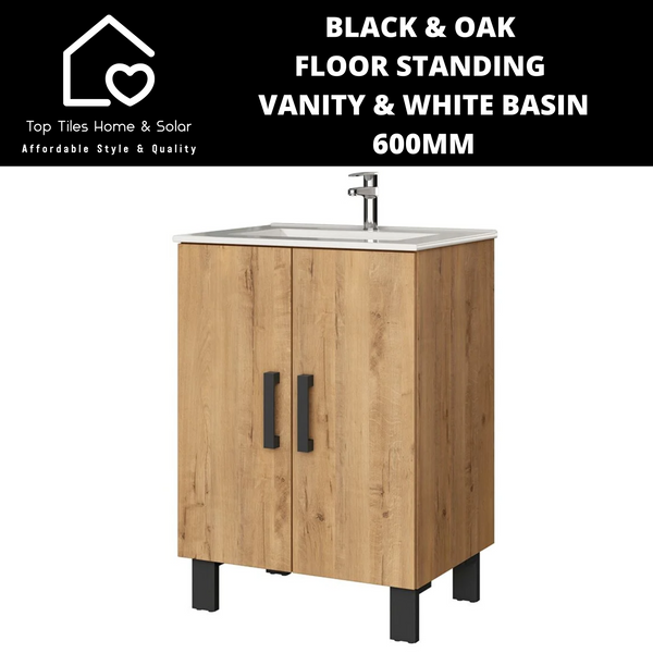 Black & Oak Floor Standing Vanity & White Basin - 600mm