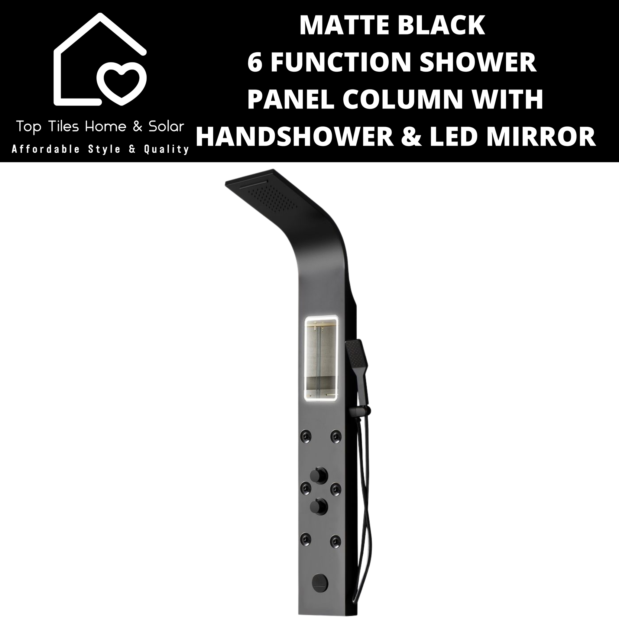 Matte Black 6 Function Shower Panel Column with Handshower & LED Mirror