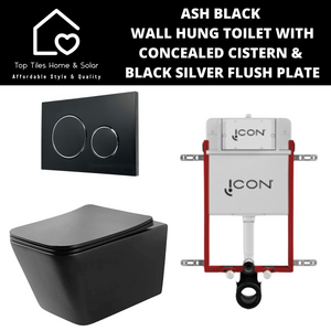 Ash Black Wall Hung Toilet with Icon Cistern & Black Silver Flush Plate