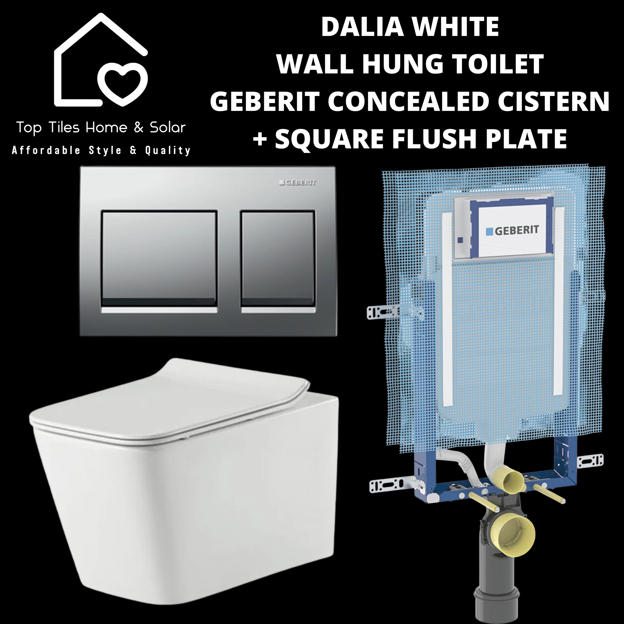 Dalia White Wall Hung Toilet With Geberit Concealed Cistern & Square Flush Plate