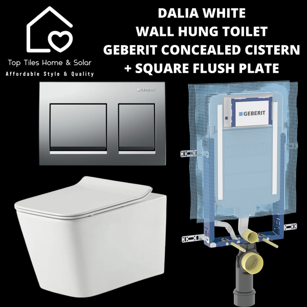 Dalia White Wall Hung Toilet With Geberit Concealed Cistern & Square Flush Plate