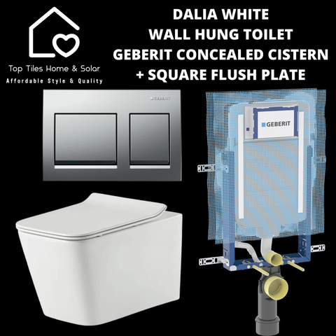 Dalia White Wall Hung Toilet With Geberit Concealed Cistern & Square Flush Plate
