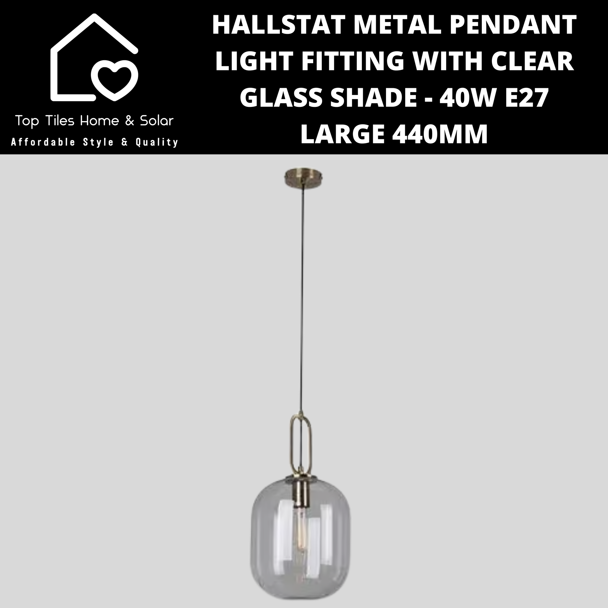 Hallstat Metal Pendant Light Fitting with Clear Glass Shade - 40W E27 Large 440mm