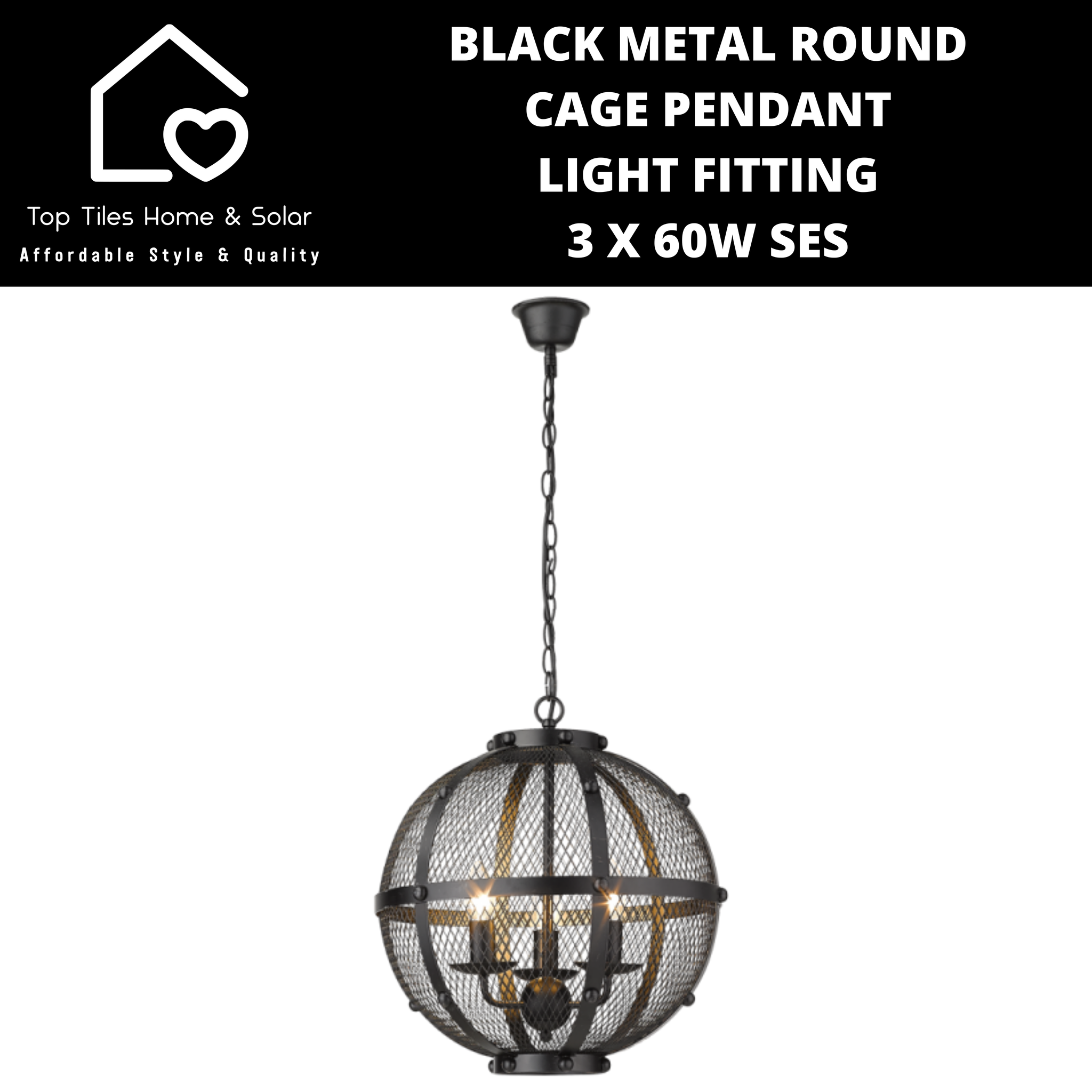 Black Metal Round Cage Pendant Light Fitting - 3 x 60W SES