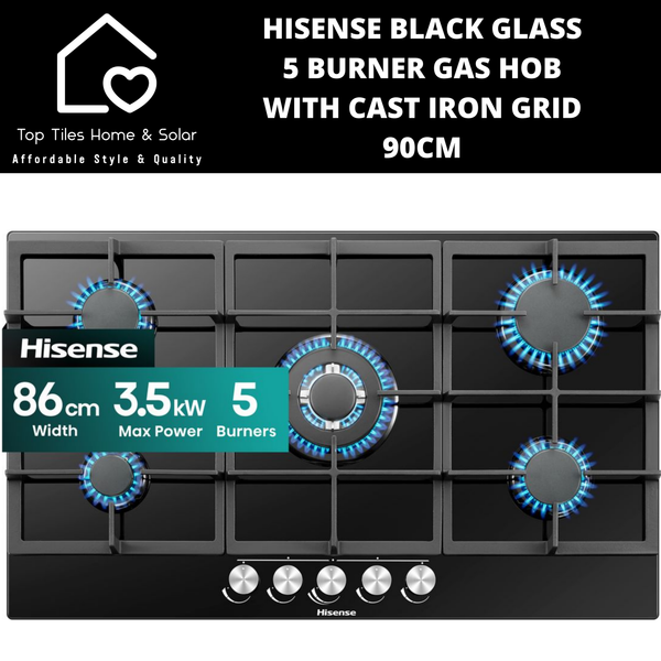 Hisense Black Glass 5 Burner Gas Hob with Cast Iron Grid - 90cm