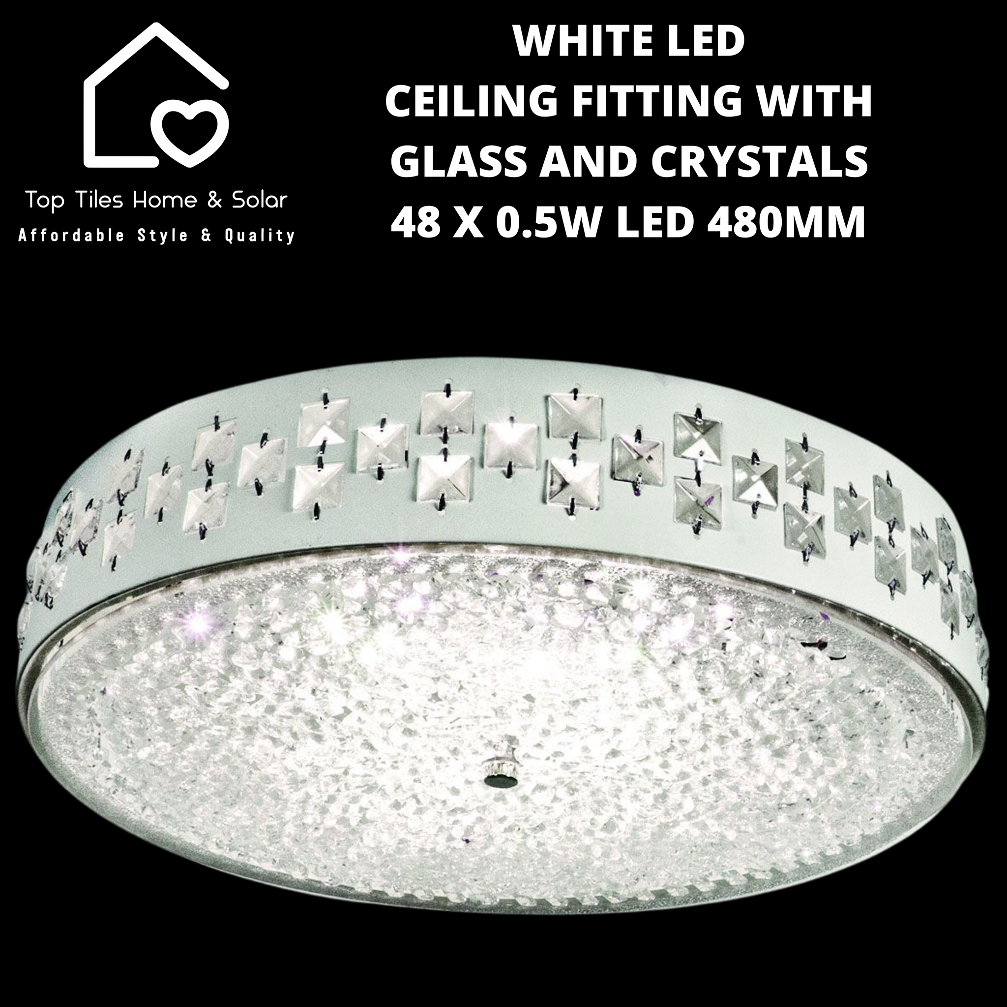 White LED Ceiling Fitting with Glass and Crystals - 48 x 0.5W LED 480mm