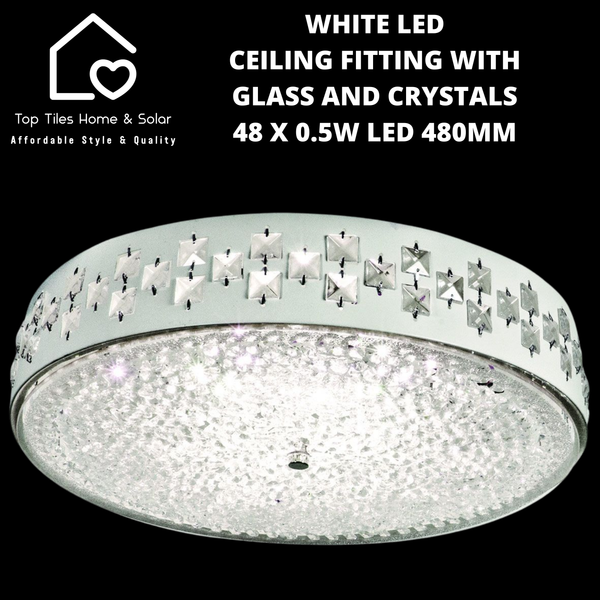 White LED Ceiling Fitting with Glass and Crystals - 48 x 0.5W LED 480mm