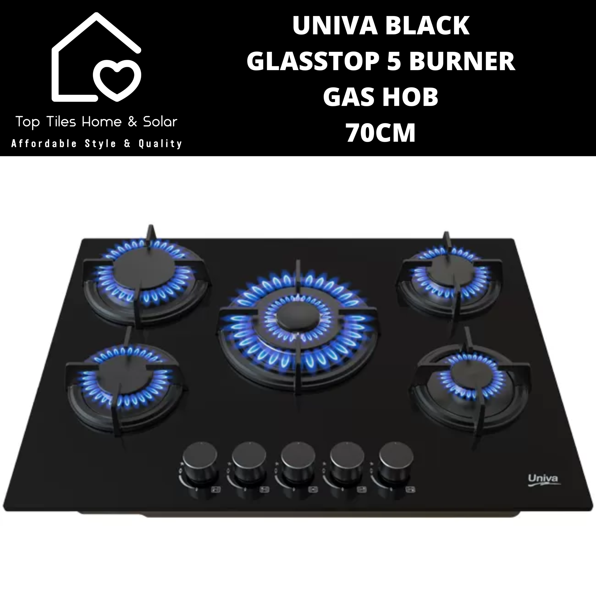 Univa Black Glasstop 5 Burner Gas Hob - 70cm