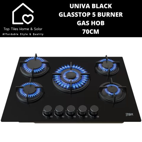 Univa Black Glasstop 5 Burner Gas Hob - 70cm