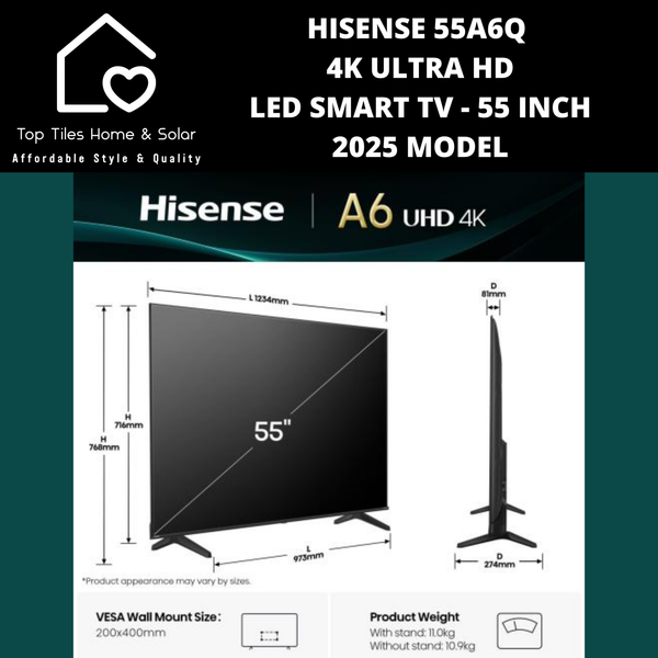 Hisense 55A6Q 4K ULTRA HD LED Smart TV - 55 Inch 2025 MODEL
