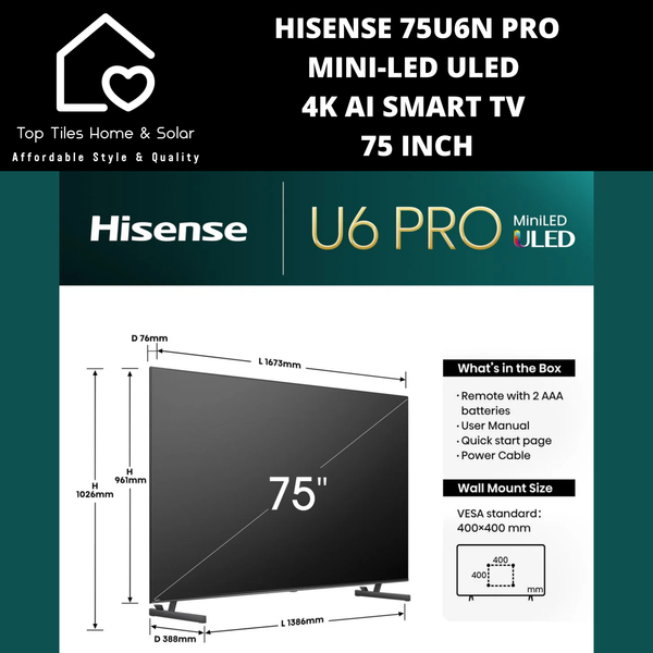 Hisense 75U6N SERIES Pro Mini-LED ULED 4K Ai Smart TV - 75 Inch