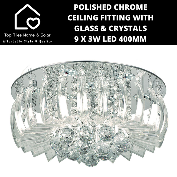 Polished Chrome Ceiling Fitting with Glass & Crystals - 9 x 3W LED 400mm