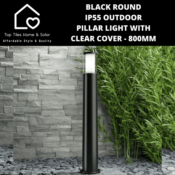 Black Round IP55 Outdoor Pillar Light with Clear Cover - 800mm