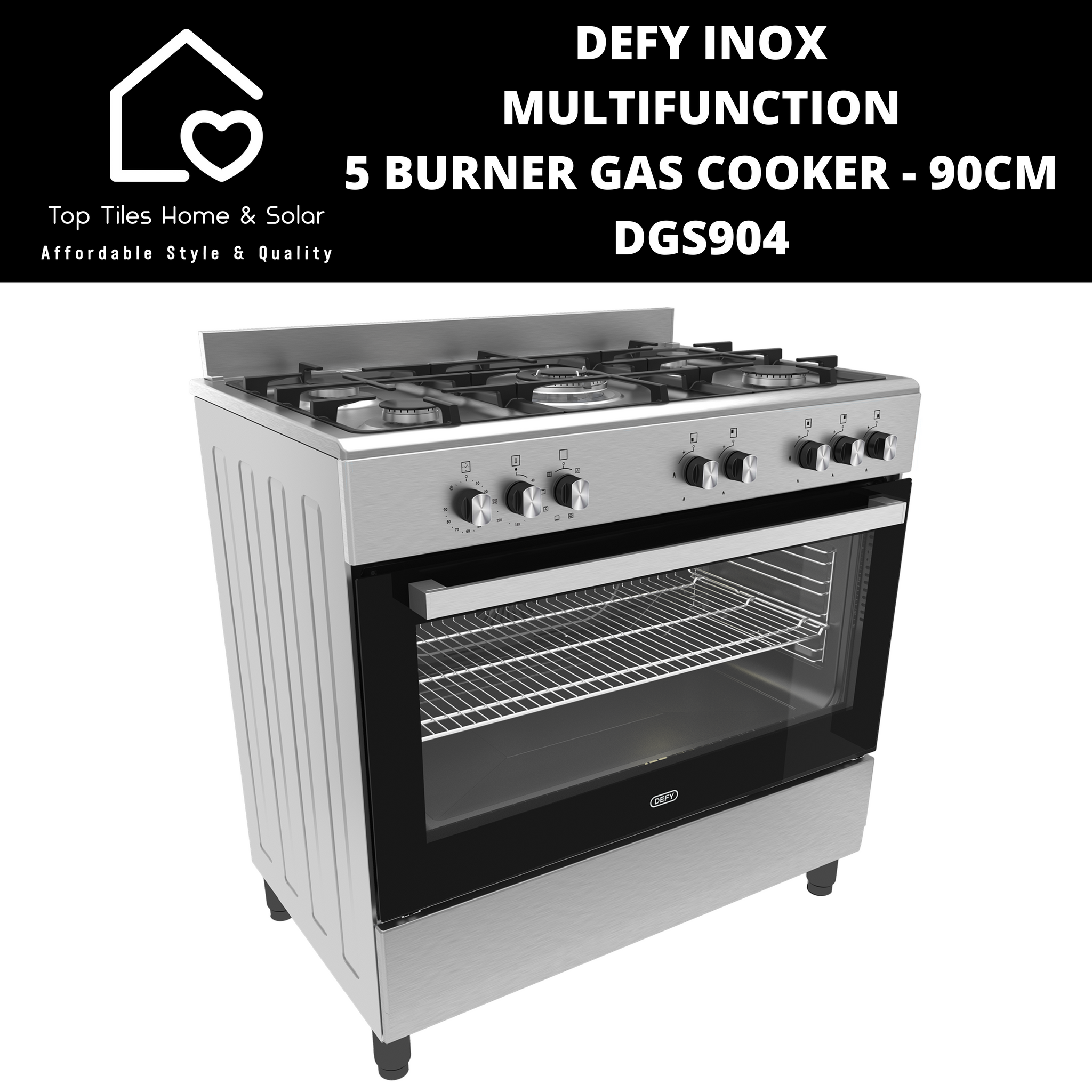 Defy Inox Multifunction 5 Burner Gas Cooker 90cm DGS904 Top Tiles Home Solar
