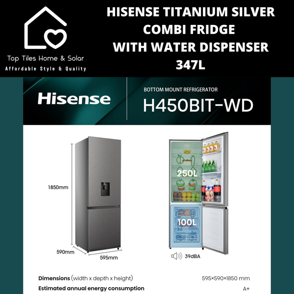 Hisense Titanium Silver Combi Fridge with Water Dispenser - 347L