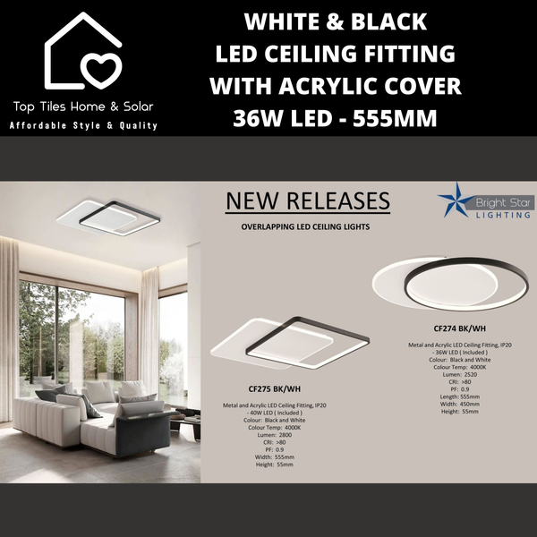 White & Black LED Ceiling Fitting with Acrylic Cover - 36W LED - 555mm