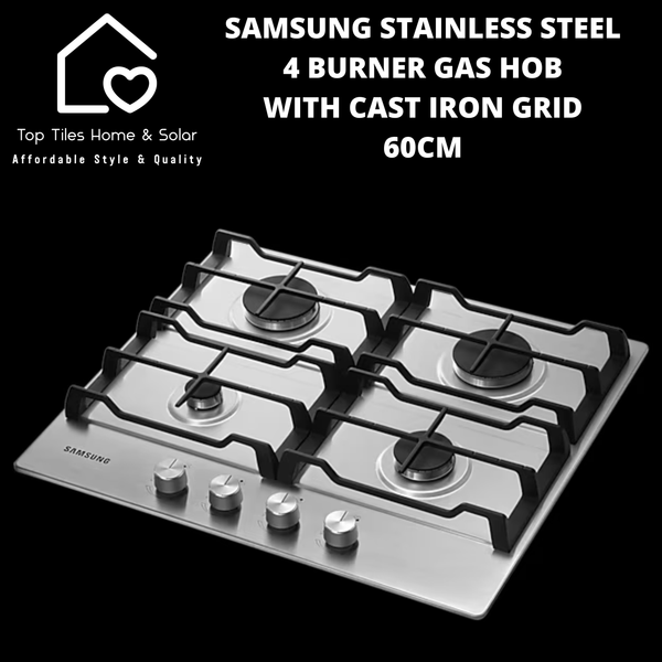 Samsung Stainless Steel 4 Burner Gas Hob with Cast Iron Grid - 60cm