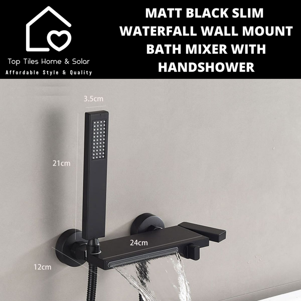 Matt Black Slim Waterfall Wall Mount Bath Mixer With Handshower