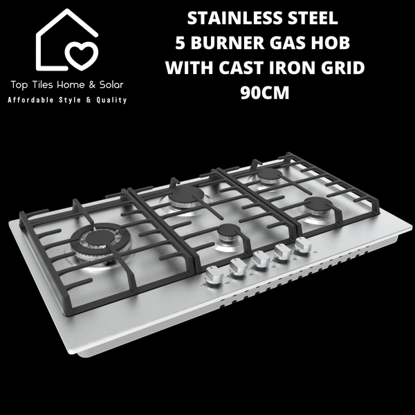 Stainless Steel 5 Burner Gas Hob with Cast Iron Grid - 90cm