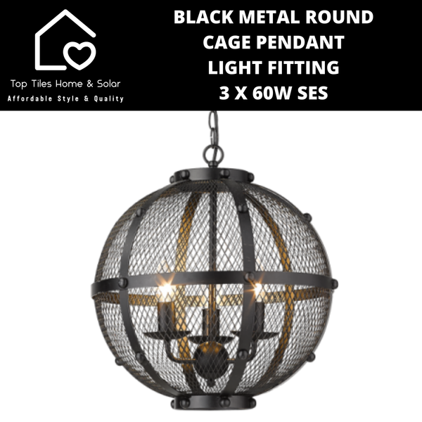 Black Metal Round Cage Pendant Light Fitting - 3 x 60W SES